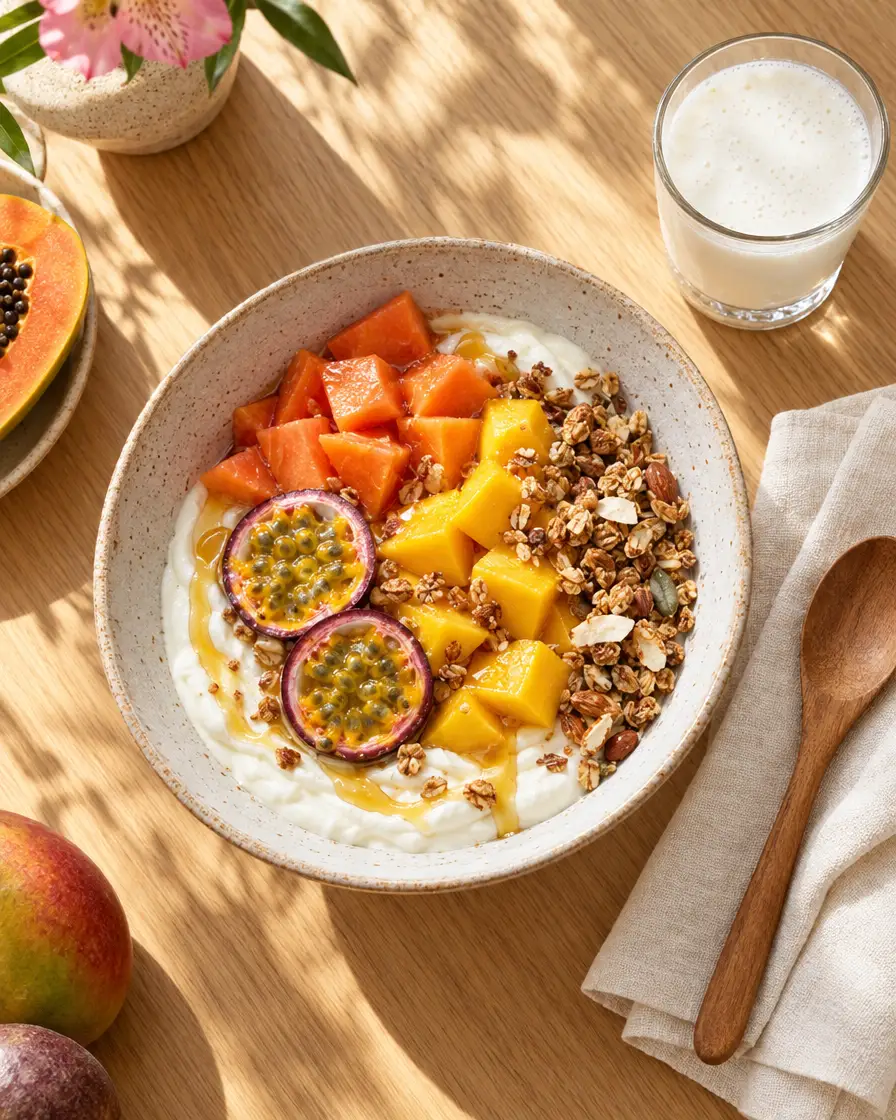 Desayuno con yogurt griego, papaya, mango, maracuyá y granola junto a un vaso de kéfir