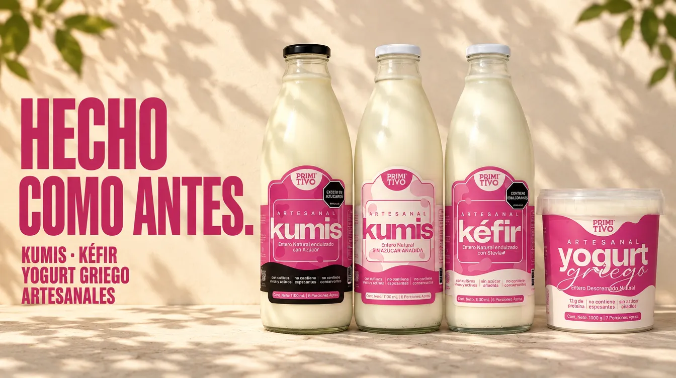 Kumis, Kumis Sin Azúcar, Kéfir y Yogurt Griego Primitivo sobre una pared crema con luz de sol y el texto «Hecho como antes»