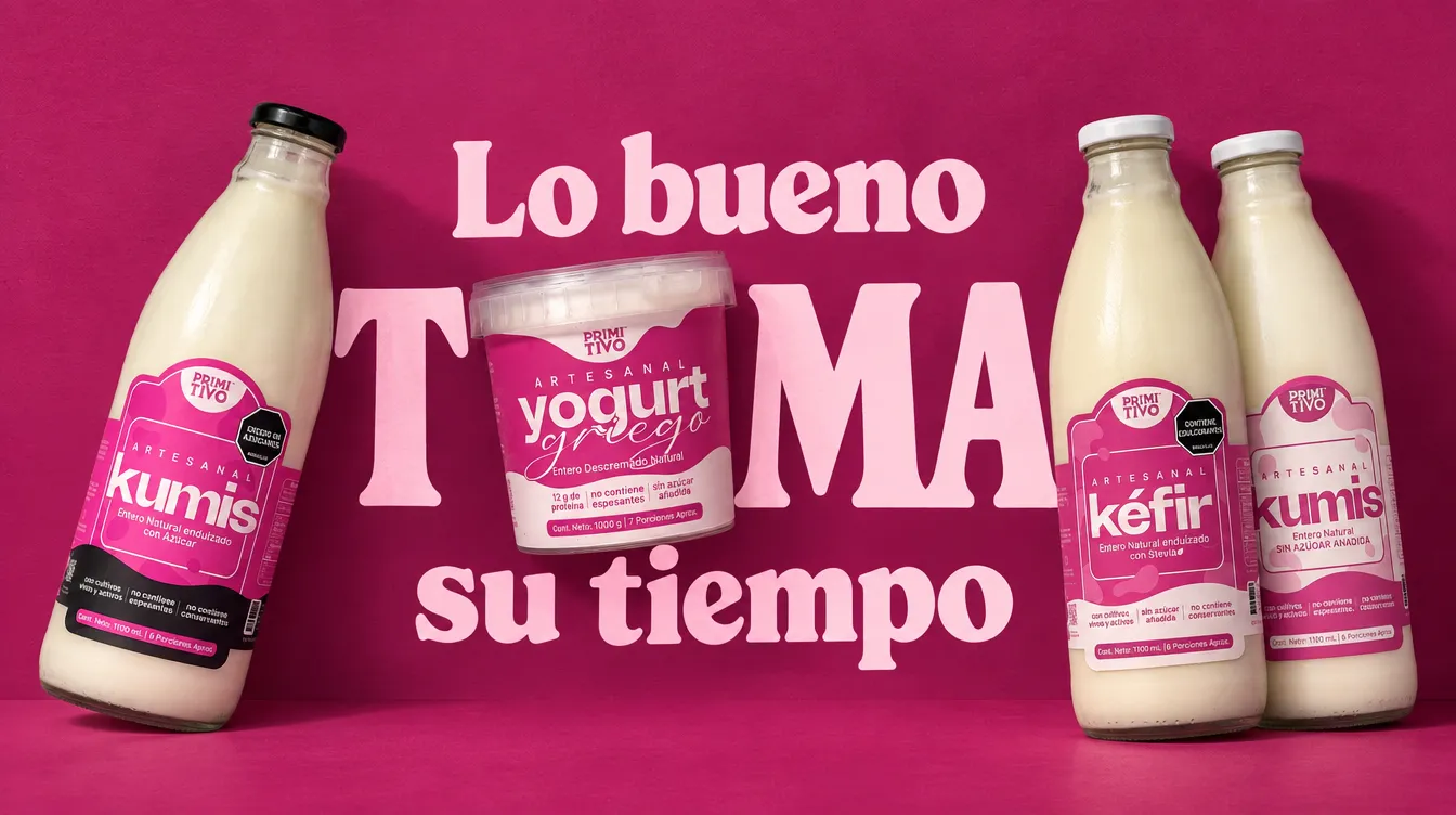 Kumis, Kumis Sin Azúcar, Kéfir y Yogurt Griego Primitivo sobre fondo magenta con el texto «Lo bueno toma su tiempo»